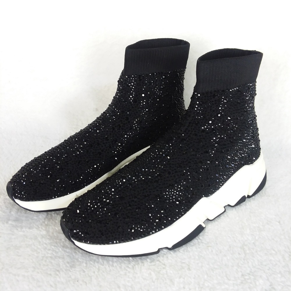 Steve‎ Madden Overtime-R Rhinestone Embellished Sock Sneakers Black Women's 7M